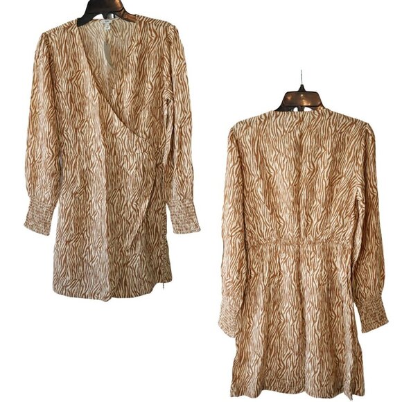 NWT, River Island, Zebra‎ Print Long Sleeve Faux Wrap Dress, Tan, Brown - Picture 2 of 7